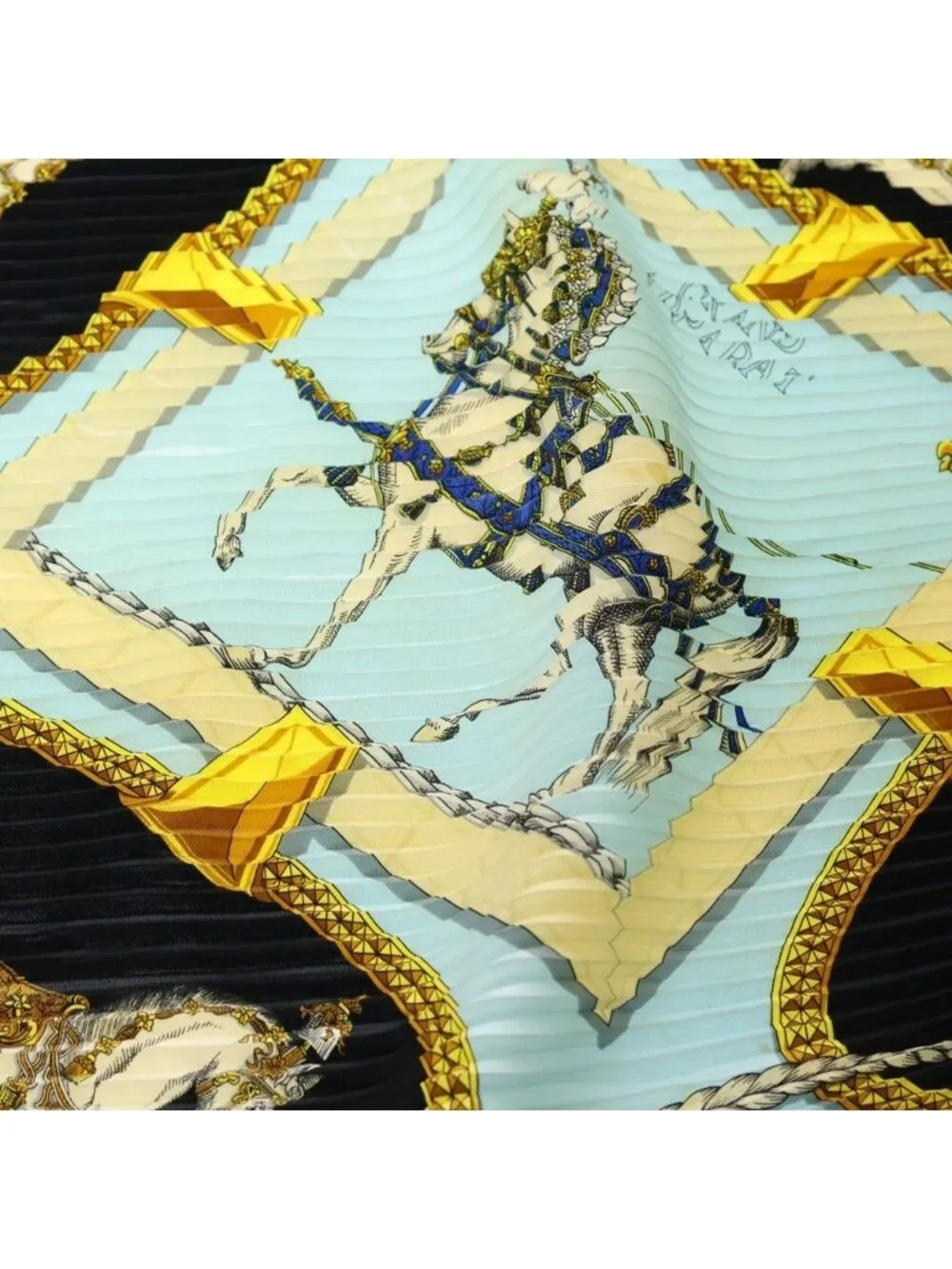 Hermes Carre 90 Scarf Grand Apparat Dressed Horse Pleated Silk Blue - Picture 5 of 6